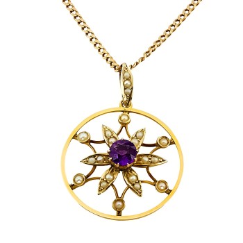 9ct gold Amethyst/Pearl Pendant with chain